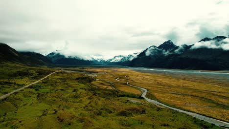 Mount-Cook-National-Park,-New-Zealand-Aerial-Drone-of-Valley-Streams