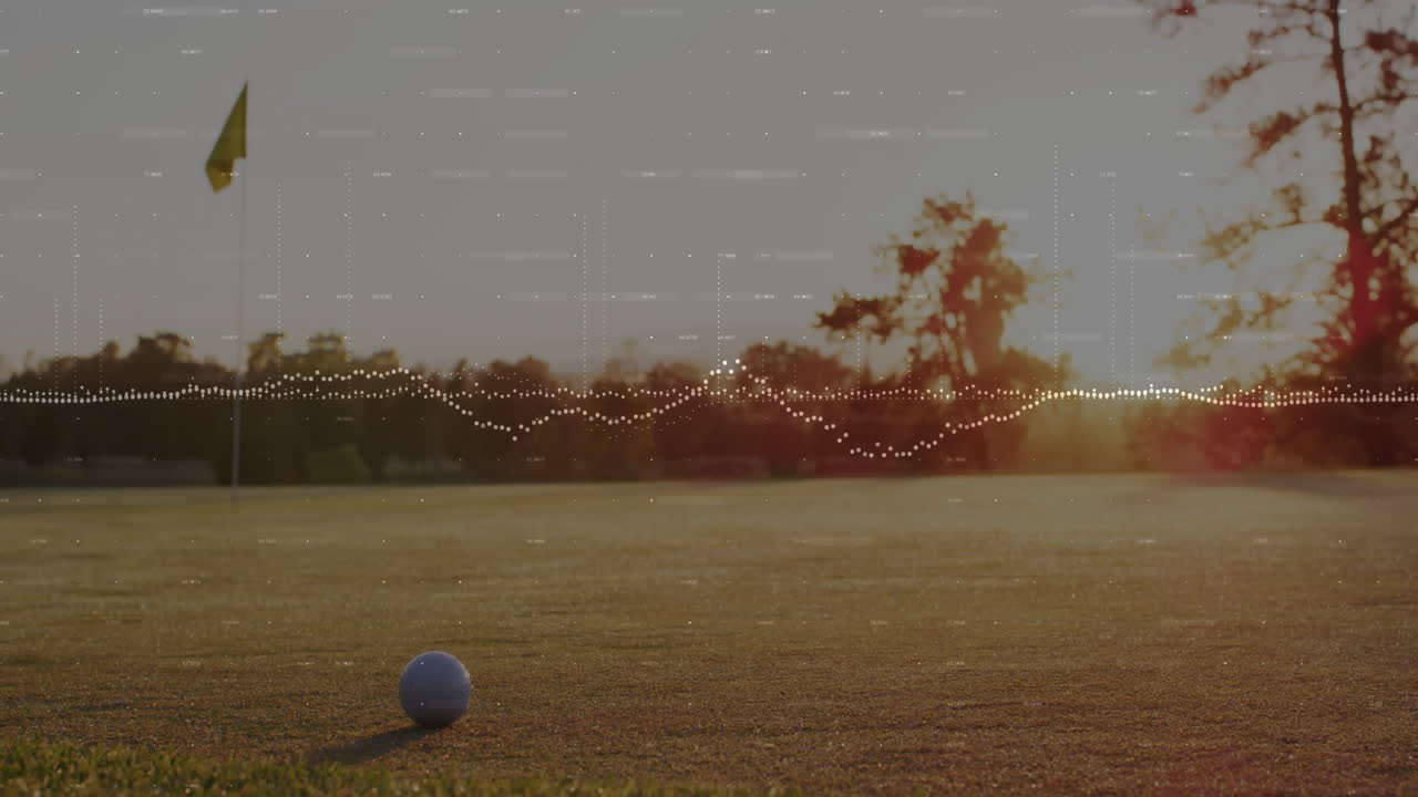 Golf ball resting on green being visualized with yellow flagstick and flat design waveform overlay