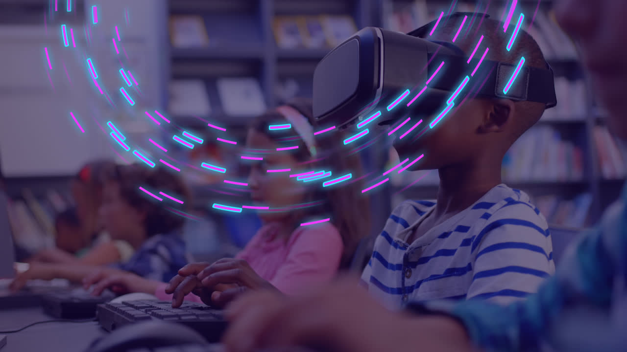 animación de formas 3d brillantes sobre un niño afroamericano usando auriculares vr