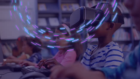 animation of glowing 3d shapes over african american boy using vr headset