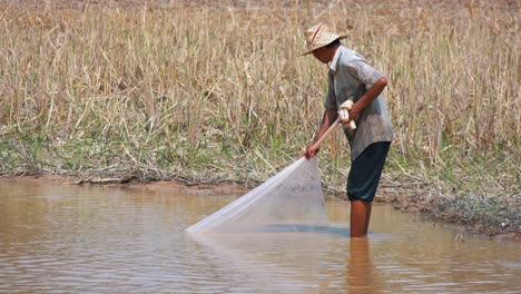 wide exterior shot of fisherman in straw hat carefully drawing the net in, in the river close to the grassy shoreline in the daytime