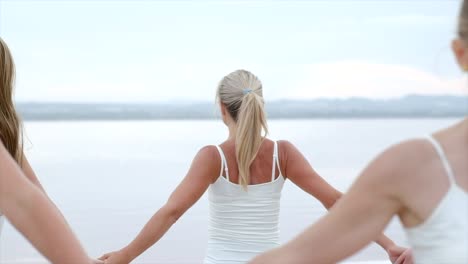 six caucasian 40s serene women standing in circle perform tree pose