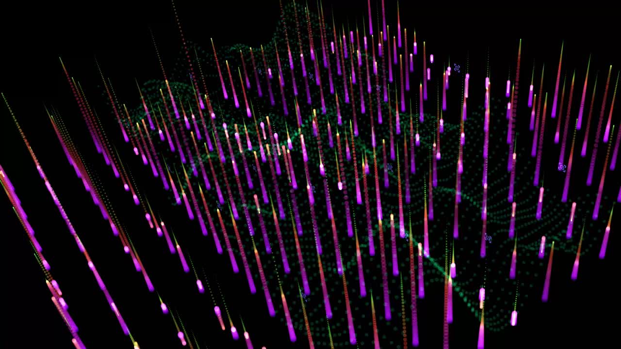 líneas rosas abstractas que pulsan hacia arriba y hacia abajo con una malla verde para simular un gráfico de sonido o color