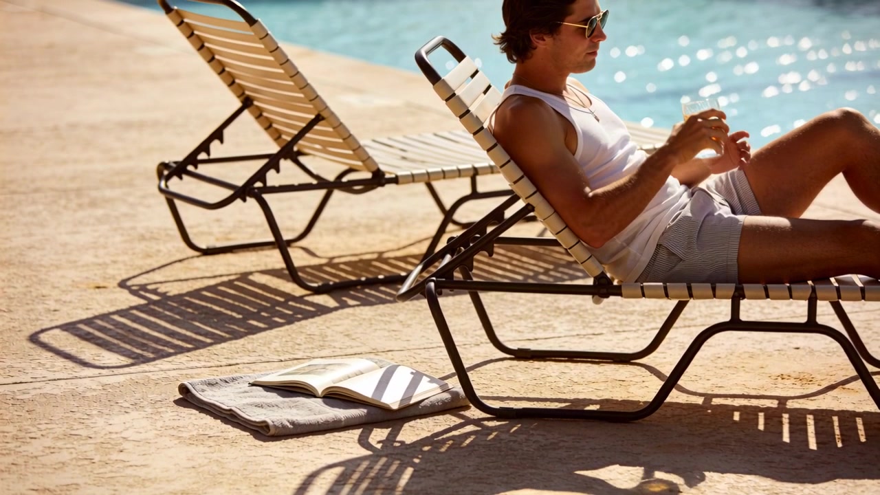 Reclining man in white tank, shades sipping orange drink, adjusting grip at pool deck, sun warming
