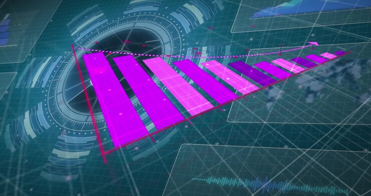 Animation of pink graph over data processing with world map and charts on dark interface