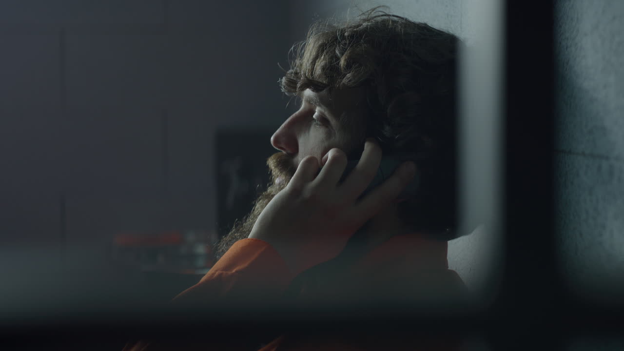 오렌지색 유니폼을 입은 수감자가 교도소에서 전화로 얘기하고 있습니다.