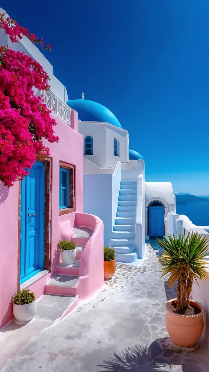 A pink and blue building with a blue dome on top of it