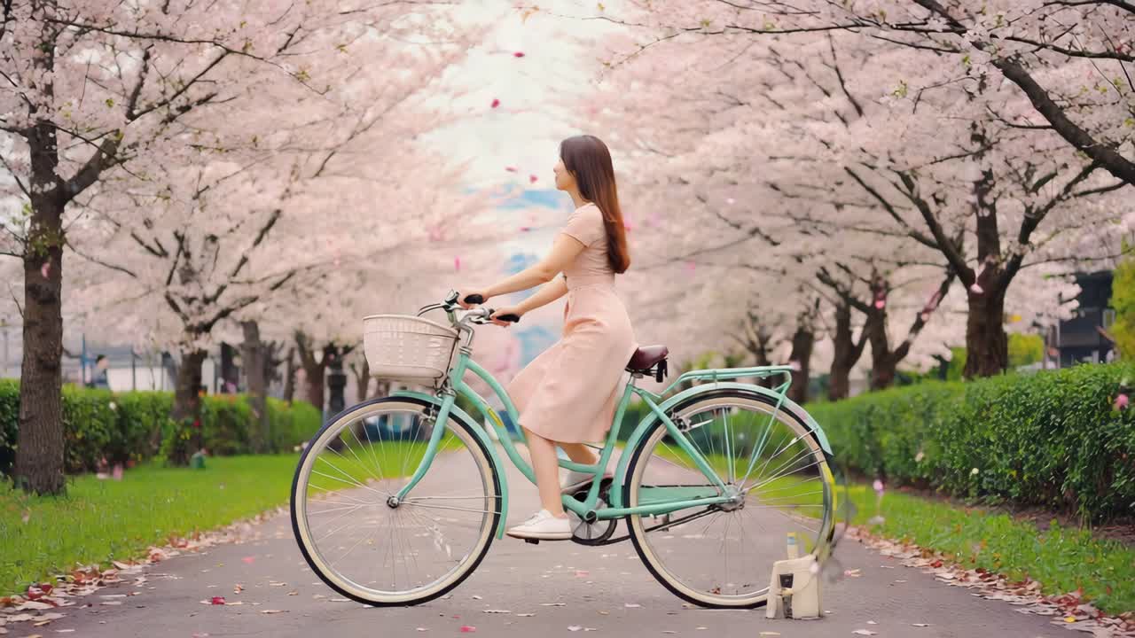 Woman riding a bike under cherry blossoms