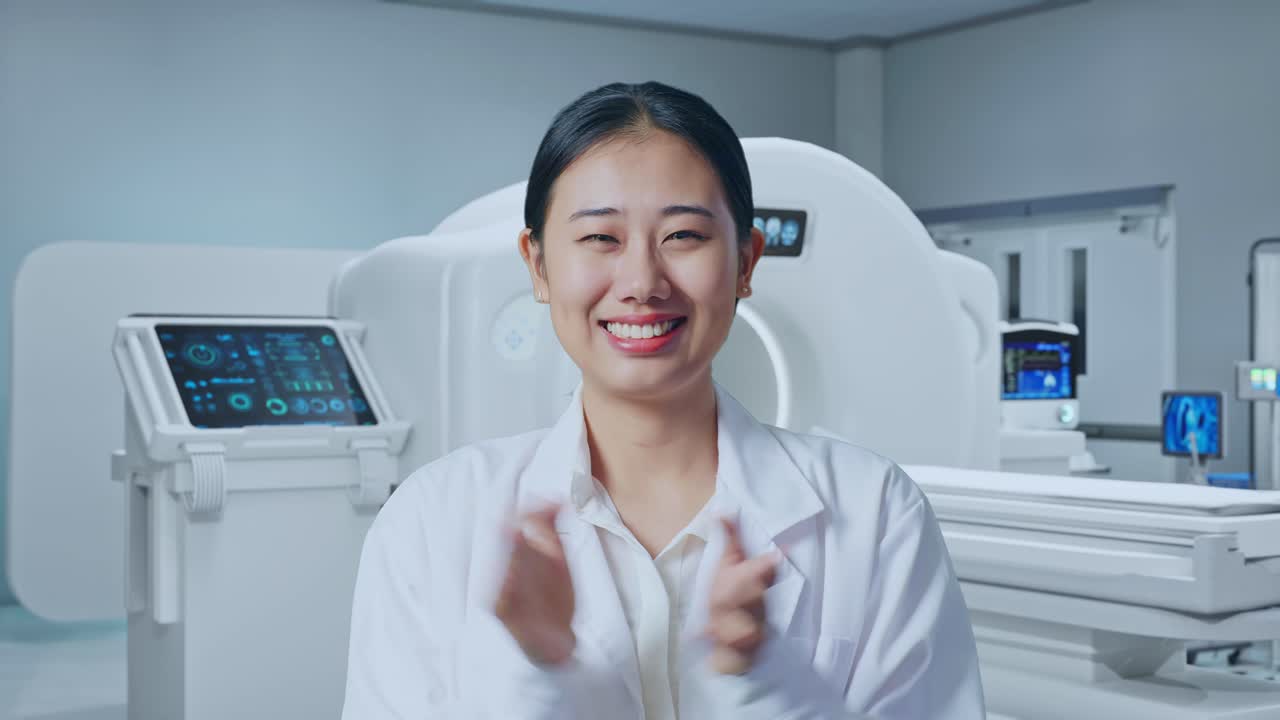 Close Up Of Asian Woman Doctor Clapping Her Hands With Mri Machine In The Hospital