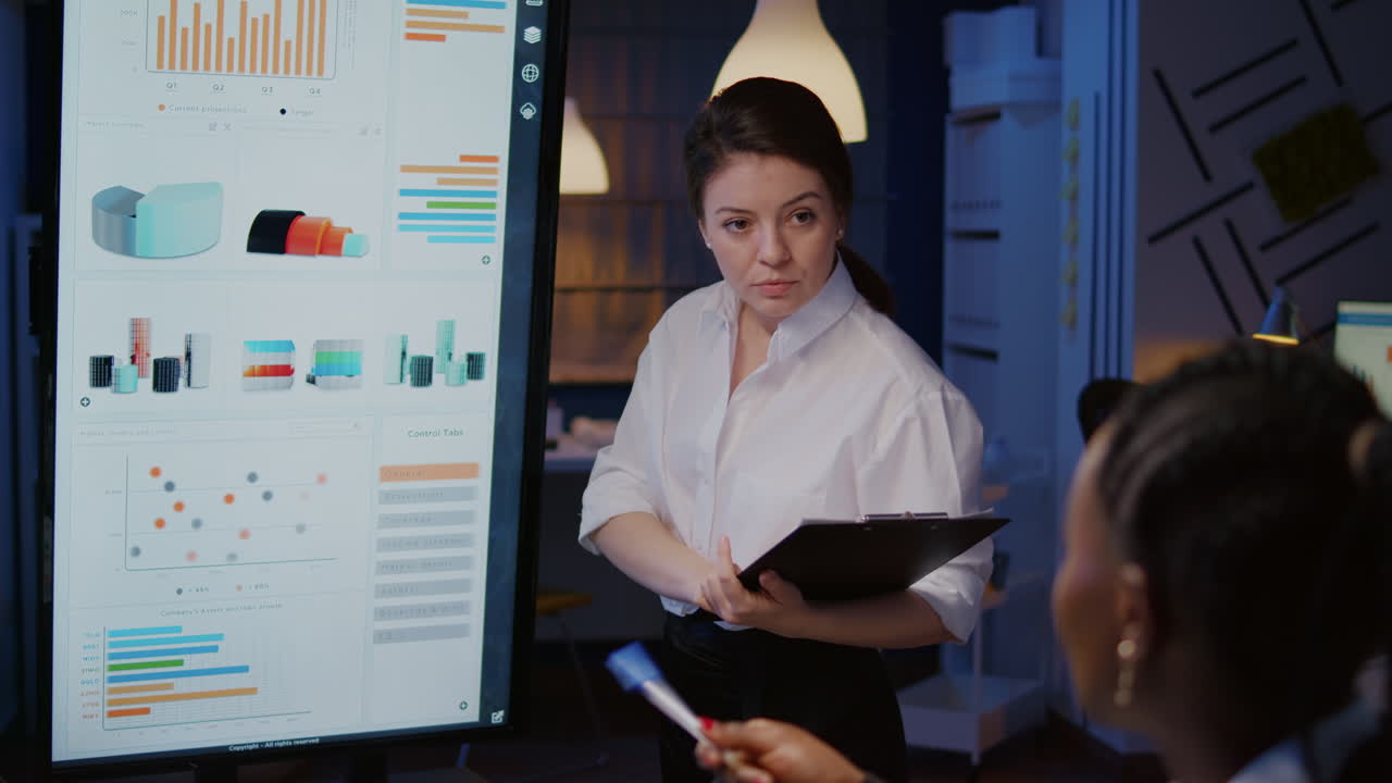 Workaholic businesswoman presenting company solution using presentation monitor