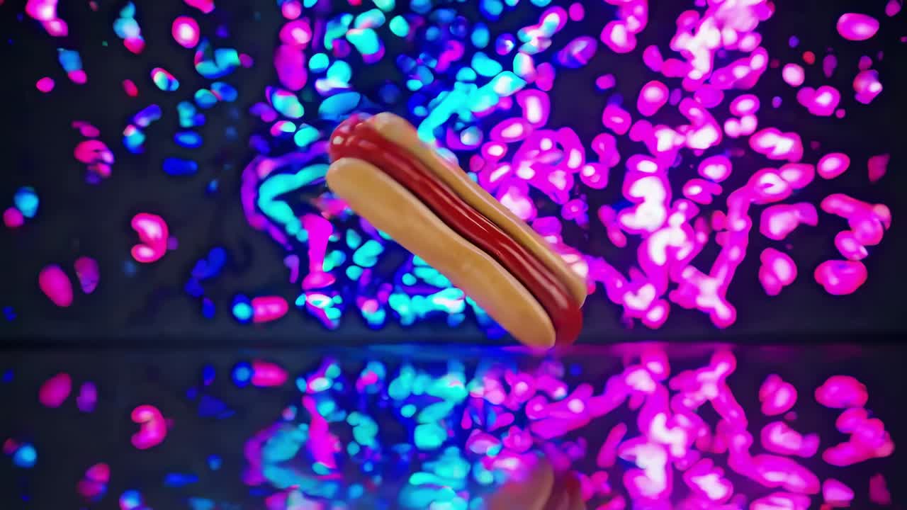 perro caliente giratorio que gira sobre una superficie reflectante, con un fondo de neón cambiante que crea una experiencia visual dinámica y vibrante con transiciones de colores enérgicas