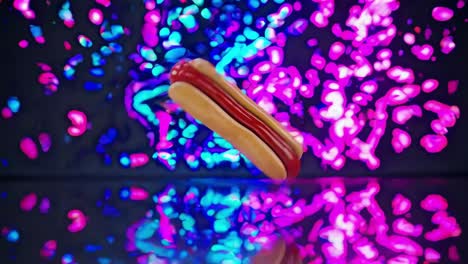 perro caliente giratorio que gira sobre una superficie reflectante, con un fondo de neón cambiante que crea una experiencia visual dinámica y vibrante con transiciones de colores enérgicas
