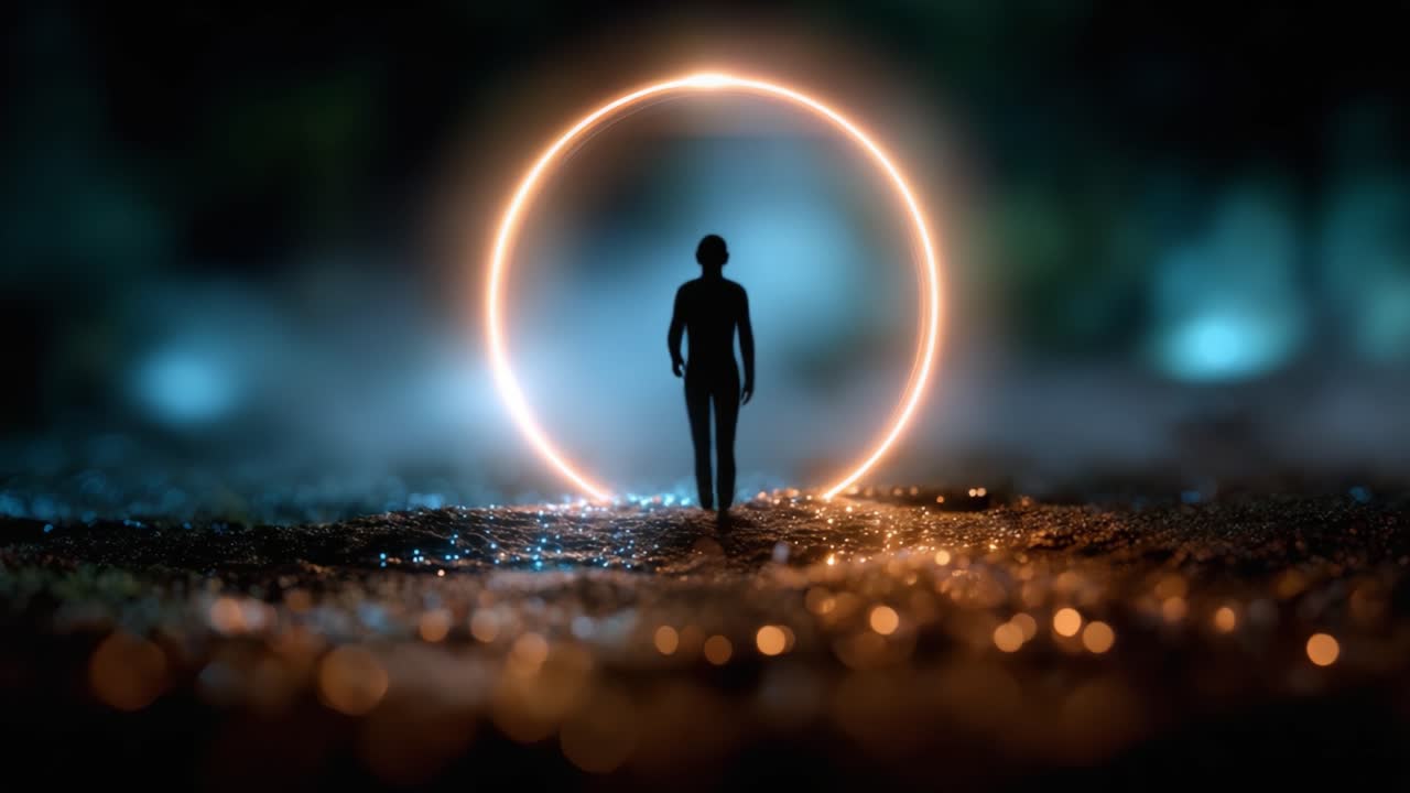 A solitary figure stands in a mysterious setting, framed by a glowing circular light, creating an ethereal atmosphere filled with shimmering reflections and shadows