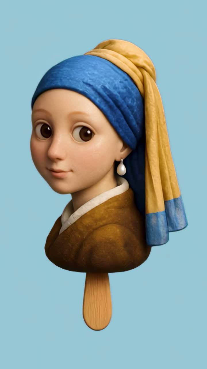 Girl with a pearl earring popsicle animation isolated asset, transparent 4K video, alpha channel