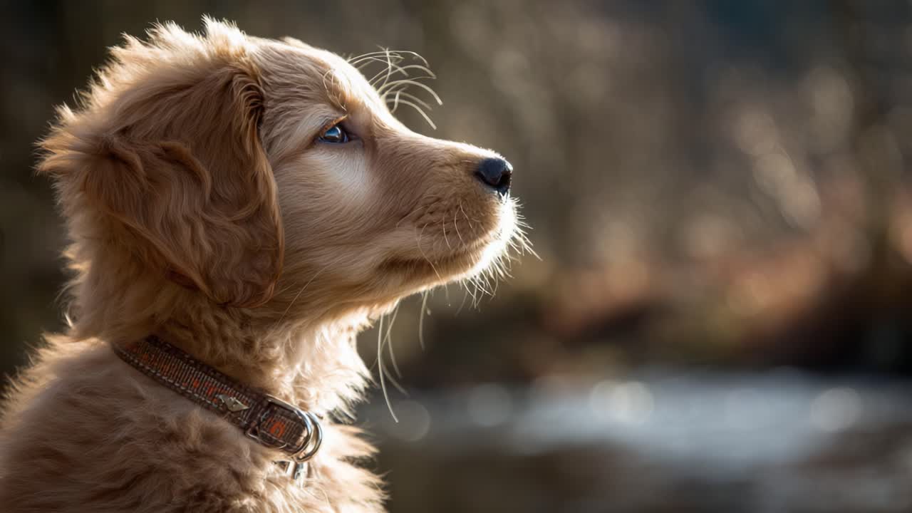 Fengslende portrett av en golden retriever valp i silhuett mot naturen, som viser frem sitt uttrykksfulle ansikt og sjarmerende utseende i fredelige utendørs omgivelser