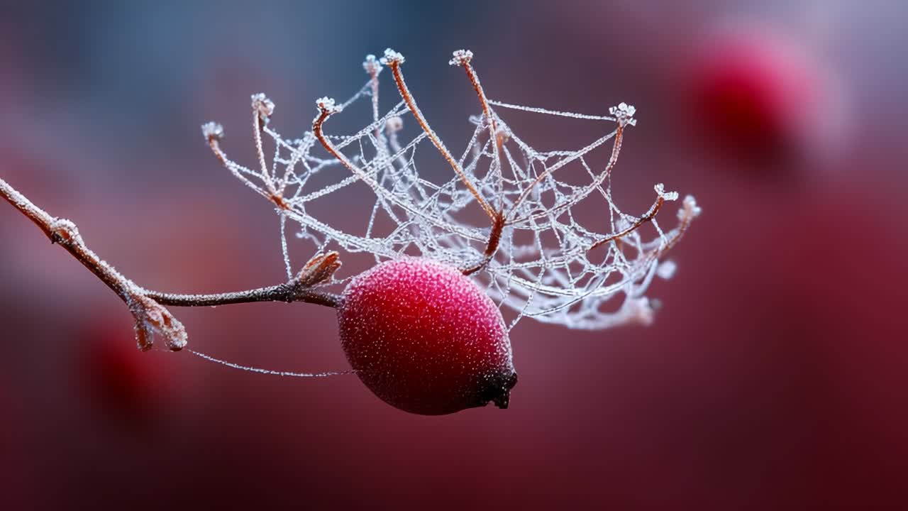 A Stunning Close-Up of a Red Berry Draped in Delicate Frosty Webs, Capturing the Intricate Beauty of Nature's Winter Touch on Entwined Twigs and Glimmering Droplets in Soft Focus
