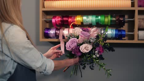 Back-view-of-female-blonde-florist-arranging-modern-bouquet-and-choosing-the-perfect-riband-for-it-combining-different-colors