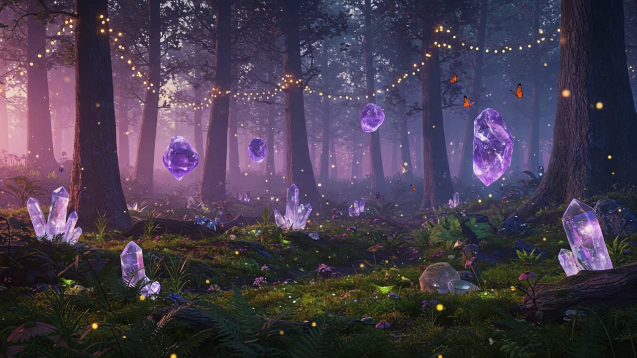 Magical Enchanted Forest with Glowing Crystals and Twinkling Lights - A Mystical Scene Captured in Two Stunning Frames of Nature's Beauty