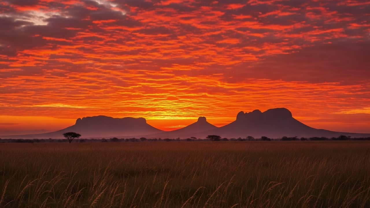 Vibrant Sunset over Mountain Silhouettes and Grasslands