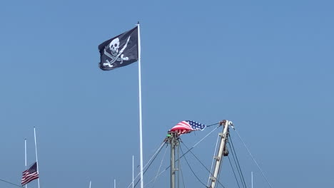 a pirate flag flew from a flagpole against a blue sky