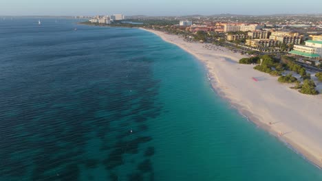 turquoise waters, sand, umbrellas, and hotels in eagle beach, aruba