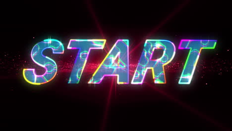 animation of start text over light trails and spots on black background