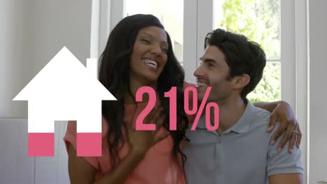 animación del porcentaje y el icono de la casa se llena de rosa sobre la pareja feliz en el nuevo hogar