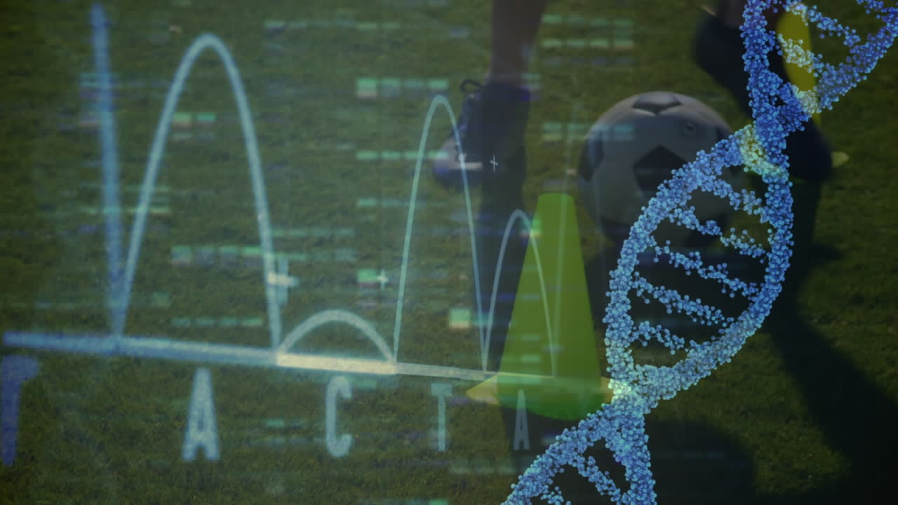 animación de la cadena de adn y procesamiento de datos sobre el jugador de fútbol