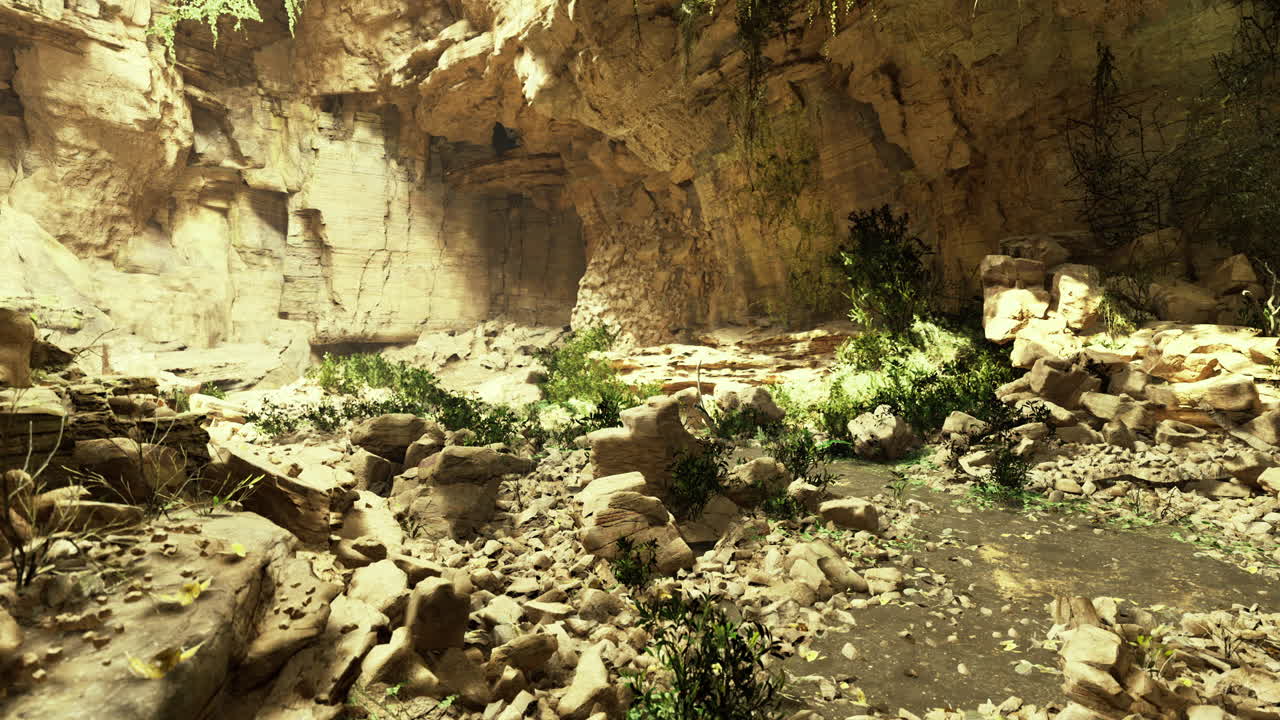 Exploring a rocky cave with greenery in a remote natural environment