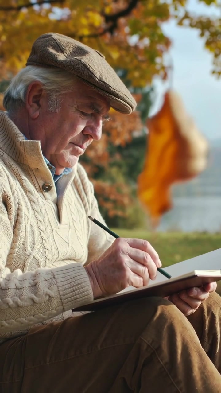 Vídeo vertical: Homem idoso desenhando segurando um lápis em um livro à beira do lago, folha flutuando, suéter e boné tipo boina