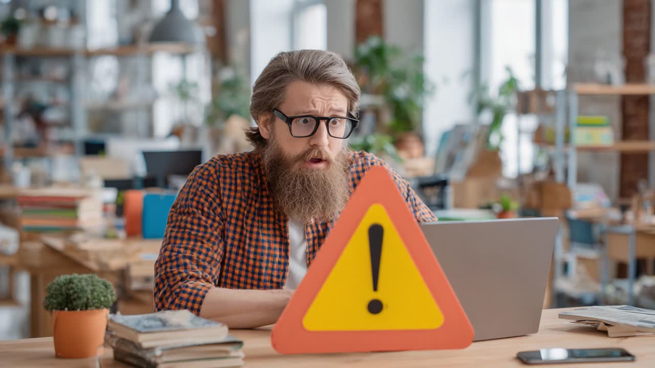 Surprised and Concerned Man Sitting at a Desk with a Laptop and Warning Sign, Capturing a Moment of Alarm and Urgency in a Work Environment