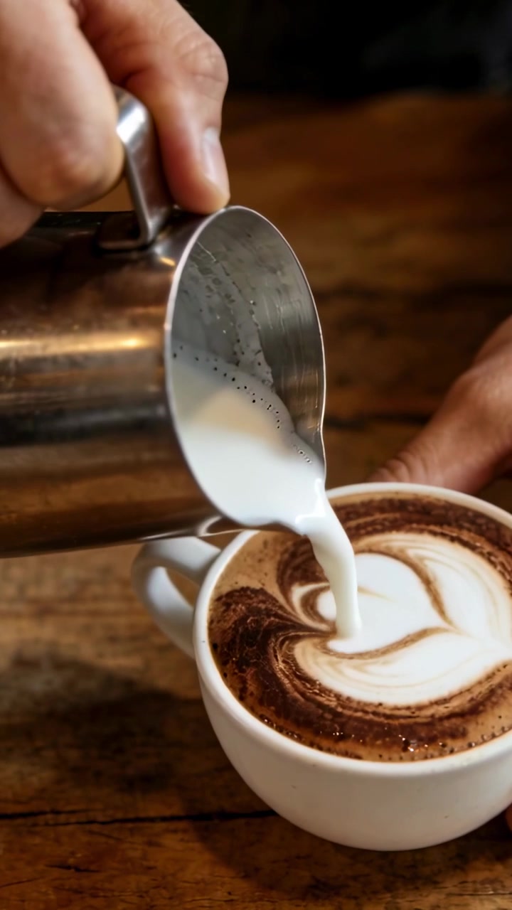 Video verticale: Barista che inclina la lattiera versando in una tazza al bancone formando un latte art a forma di cuore, polsino scuro