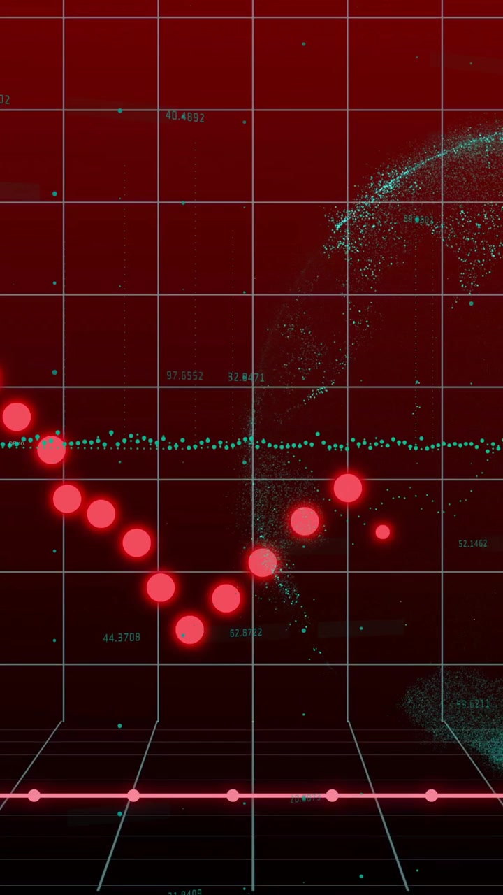 Animation of red graph fluctuating over digital globe and grid background