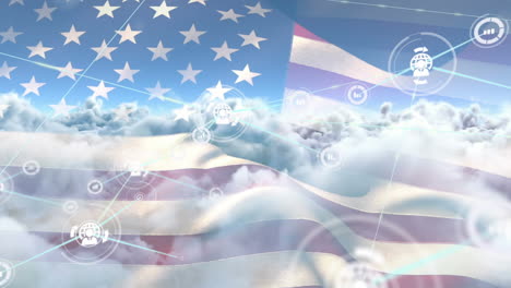 networks of connections with icons over cloudy sky with usa flag