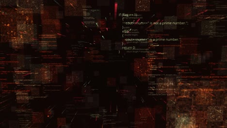 códigos de programa digital que se mueven asimétricamente en una pantalla oscura. animación. visualización de la red neuronal que consume información y aprendizaje, bucle sin costuras.