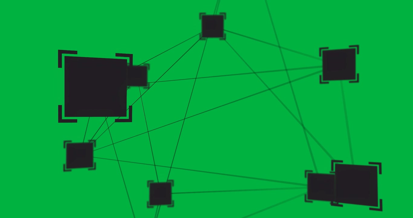 Abstract node network being animated on transparent background, showing black squares with lines