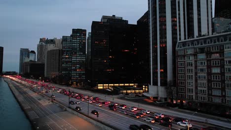 static aerial of lake shore drive in chicago - traffic at the rush hour