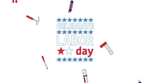 Animation-of-labor-day-text-over-falling-tools-on-white