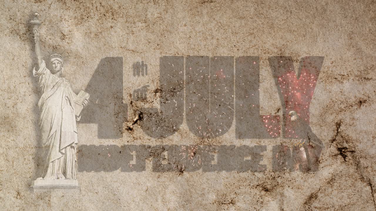 축제 불꽃놀이 형태의 텍스트 - 7월 4일 독립기념일 - 빈티지, 그런지, 오래된 종이 배경에 자유의 동상과 편지 위에 앉아있는 독수리.