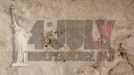 el texto en forma de fuegos artificiales festivos - 4 de julio día de la independencia - contra un fondo de vintage, grunge, papel viejo con la estatua de la libertad y un águila sentada en una carta.