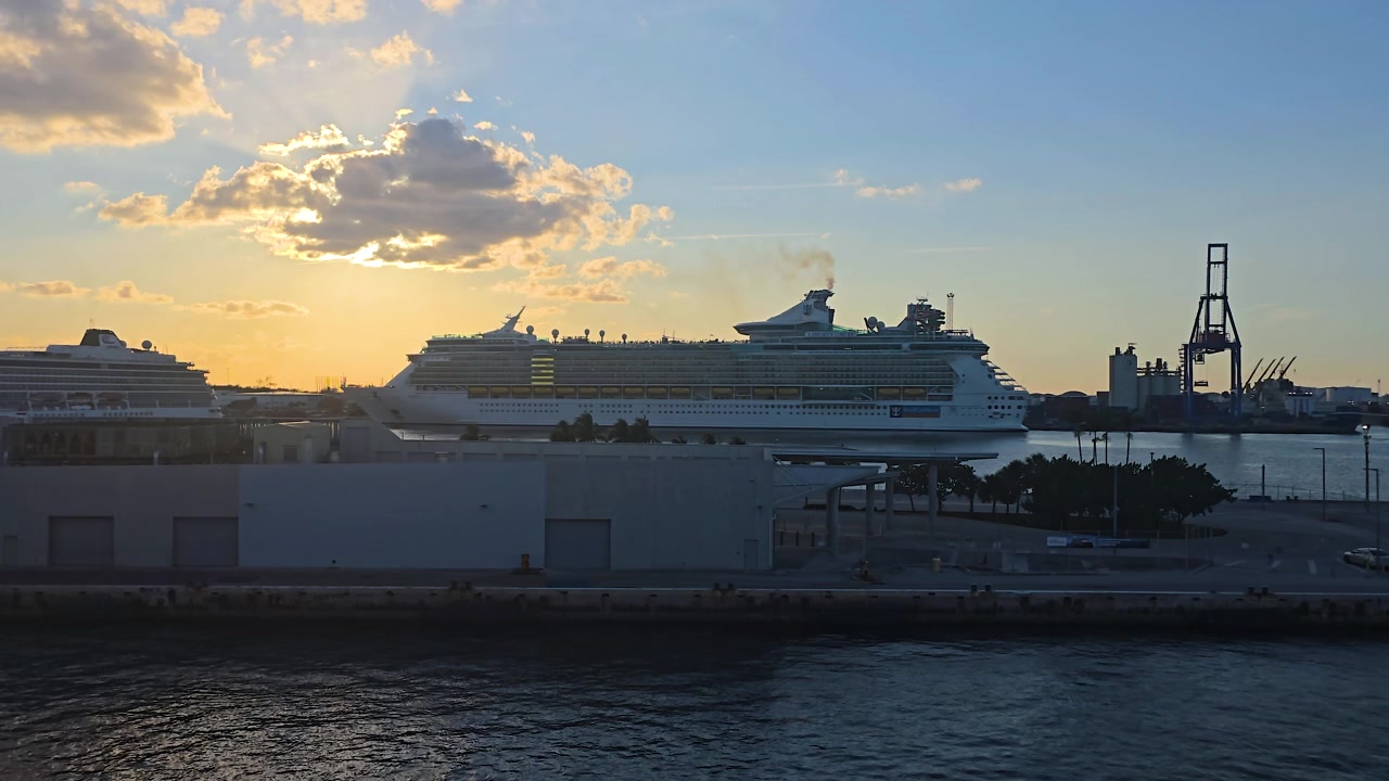 Et stort passagerkrydstogtskib navigerer forbi en havneterminal under en gylden solnedgang. Industrielle havnekraner er synlige i baggrunden under en overskyet aftenshimmel
