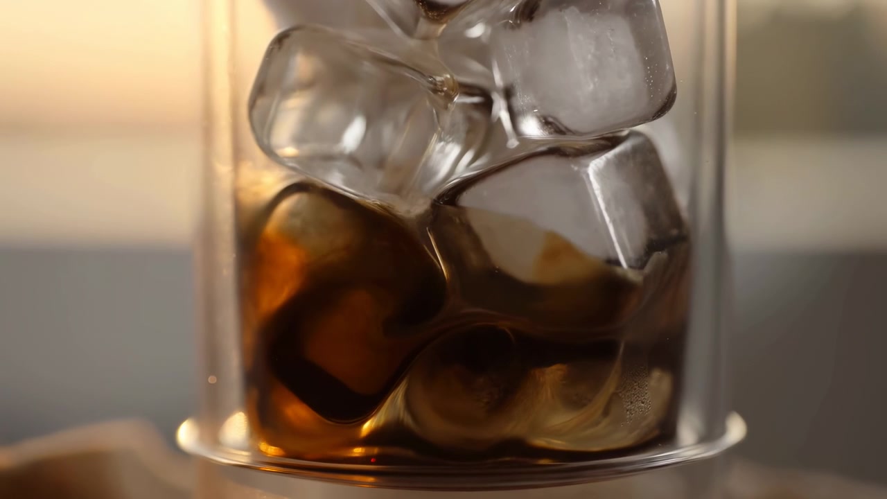 Una vista ravvicinata di un bicchiere pieno di una bevanda scura e fredda e cubetti di ghiaccio, delicatamente retroilluminato contro uno sfondo interno sfocato con caldi riflessi.