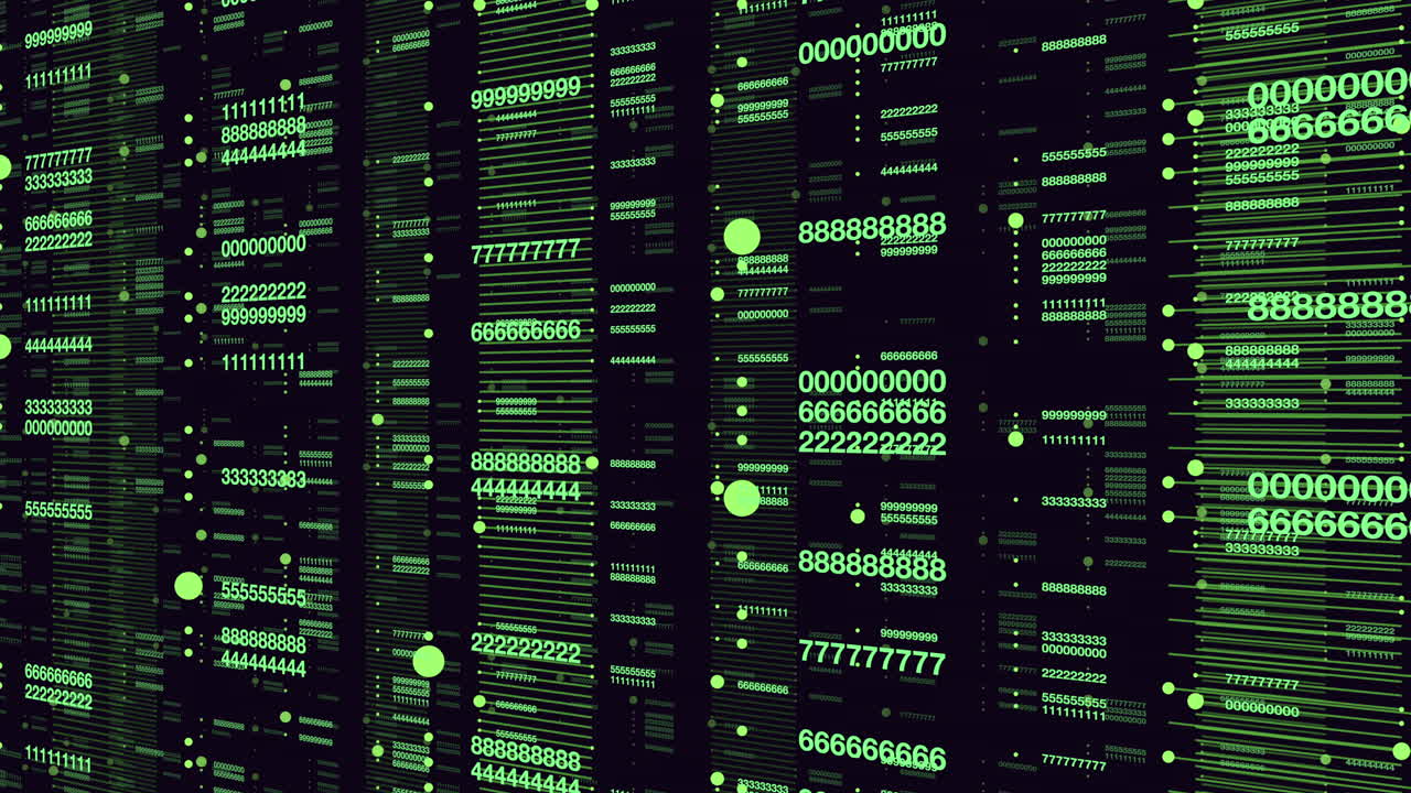 Abstract technology footage of green binary numbers, code columns, and moving light particles on a dark background, ideal for cybersecurity, data, and networks