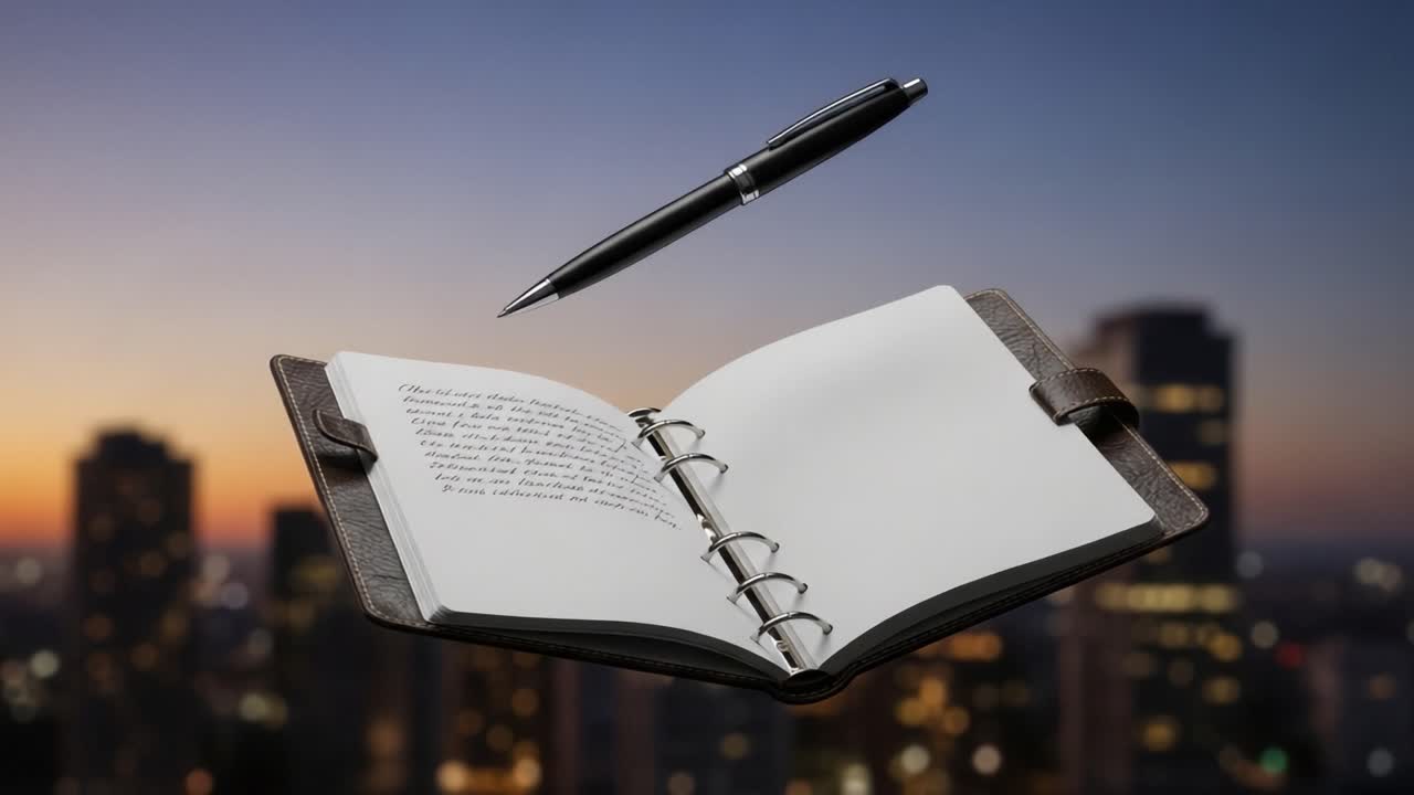 An Open Notebook and Floating Pen Against a City Skyline at Dusk, Capturing the Essence of Inspiration and Creativity in Urban Life