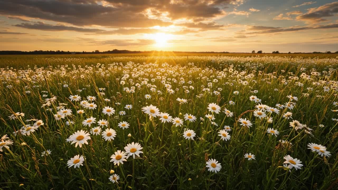 A Breathtaking Sunset Over a Field of Daisies: A Stunning Display of Nature’s Beauty and Tranquility Captured in Two Moments of Serene Grandeur