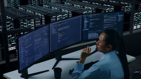 vista lateral de una desarrolladora asiática cansada bostezando mientras escribe código con múltiples pantallas de computadora en el centro de datos