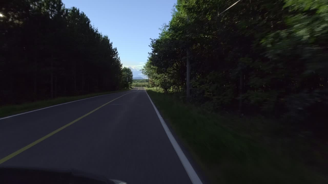 조용한 시골길 그늘에서 운전하는 자동차