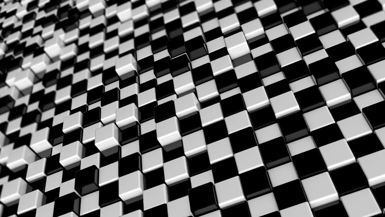 Movement of cubes. Futuristic background with black and white cubes. Cubes with reflection