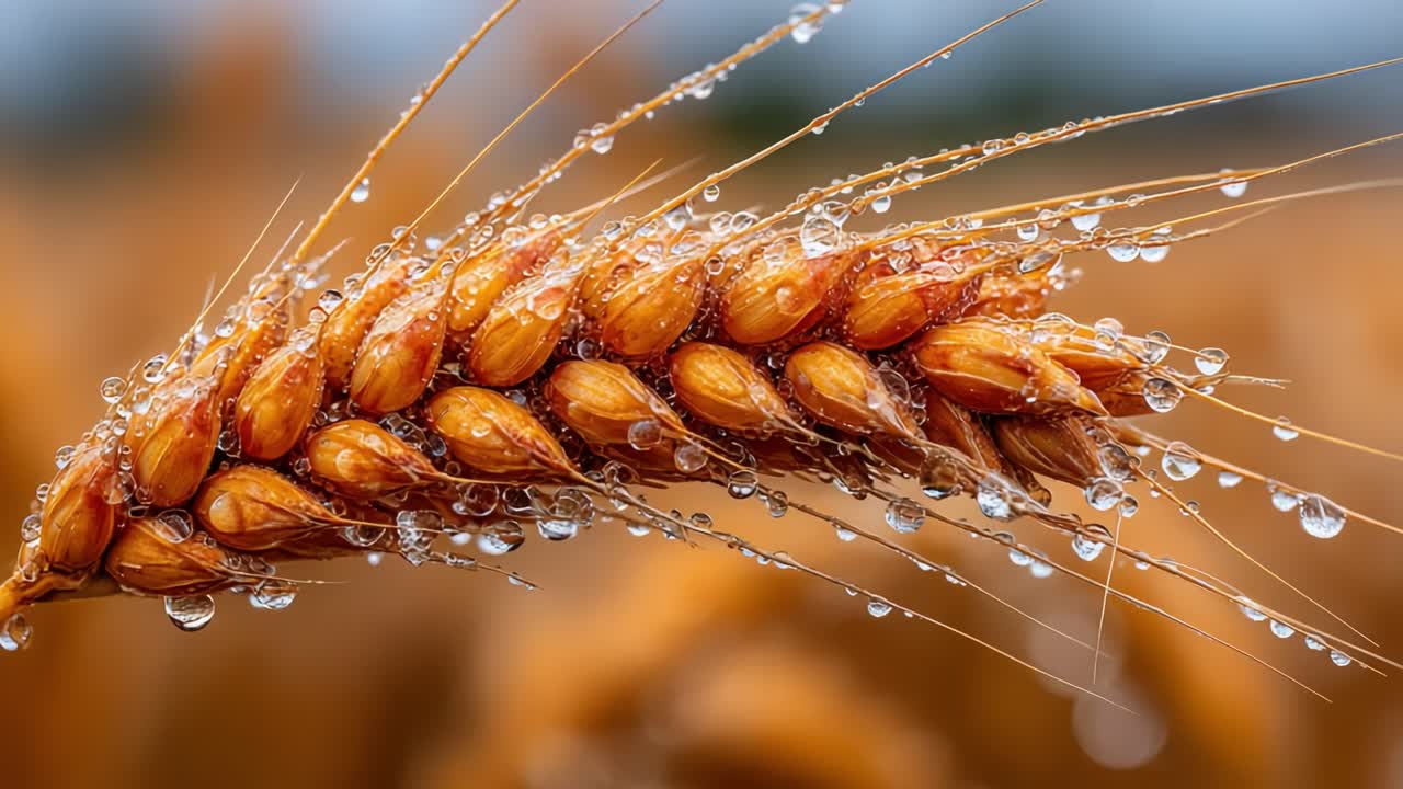 Close-Up of Golden Wheat Spike with Dew Drops: A Stunning Display of Nature's Beauty in Agriculture Captured in High Detail at Dawn