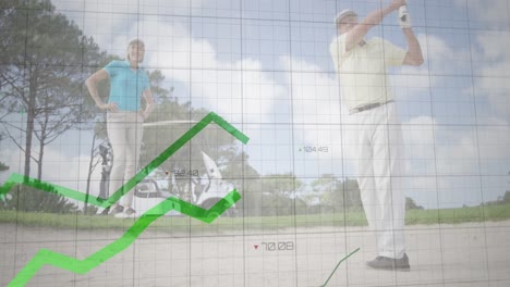 animation of graphs, caucasian senior man hitting ball from sand trap with club against cloudy sky